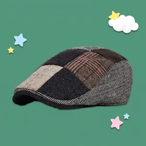 Vintage British Style Patchwork Newsboy Cap For Men Women Adjustable Woolen Herringbone Plaid Beret Hat Retro Painter Cap