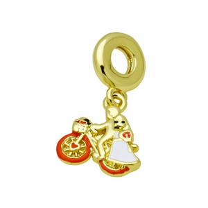 Gold-plated cyclist pendant with red and white enamel details on white background