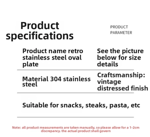 Detailed specifications table for the vintage 304 stainless steel oval plate and serving tray