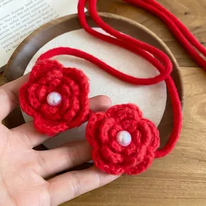 Handmade red crochet flower pendant necklace with elegant pearls for women