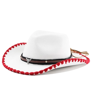 White felt cowboy hat with red stitched edge and silver bull skull metal buckle