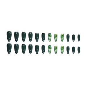 Long almond emerald green press-on nails with luxury gold marble texture 24pcs set
