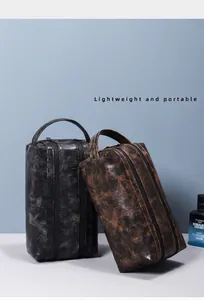 Detail of waterproof PU leather toiletry bags in black and brown with metal zippers