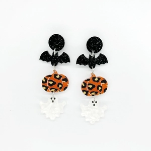 Acrylic Halloween drop earrings featuring bat, leopard pumpkin and ghost charms