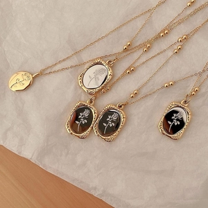 Vintage rose embossed square and oval pendants on gold bead necklaces set