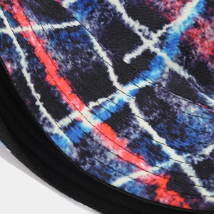 Close-up of red, blue, and white plaid pattern on a durable cotton bucket hat fabric