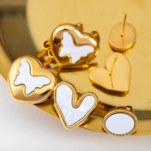 French design stainless steel earrings with white shell heart and butterfly patterns
