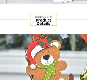 Close-up detail of a Christmas wreath featuring a plush bear with a red hat and twig base