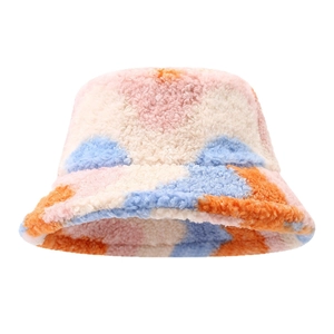Colorful plush faux lamb wool bucket hat with stylish pastel color blocking design