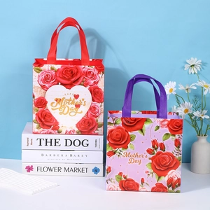 Floral Happy Mother's Day non-woven gift bags in red and purple for holiday shopping