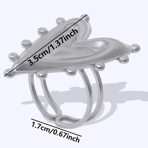 Detailed view of adjustable heart ring showing 1.7cm inner diameter and 3.5cm width dimensions