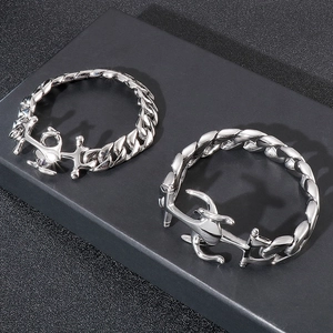 Punk style stainless steel anchor bracelet for men featuring a thick silver Cuban link chain