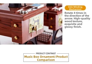 Detail of vintage sewing machine music box showing wood texture and metal winding key