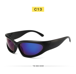 Detail of matte black cycling sunglasses C13 with streamlined iridescent blue lenses