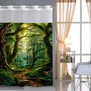 Waterproof Polyester Waffle Shower Curtain Forest Landscape Print Mesh Window Hookless Ring Design Weighted Magnets