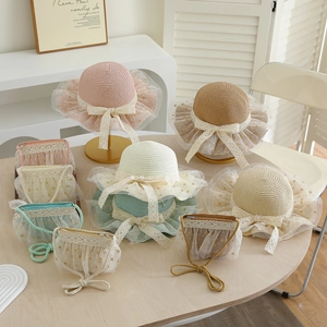 Girl's lace straw sun hat and matching gauze shoulder bag set in multiple colors