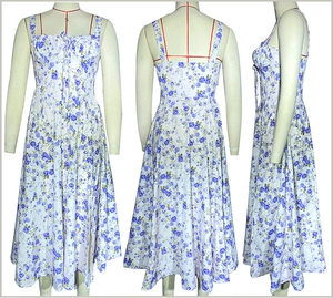Detailed front, back, and side views of a floral sundress with a tie-front neckline