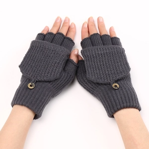 Detail of dark grey striped knit fingerless gloves with functional convertible flip top flap