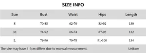 Detailed size chart with bust waist and hip measurements for this slim fit fishtail dress