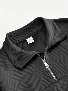 Close-up of high-quality knit texture and durable metal zipper on a black sweater
