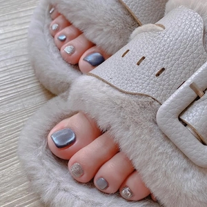 Faux Ongles de Pieds à Presser Bleu Œil de Chat avec Paillettes Argent Carré Rond Détachable pour Femmes