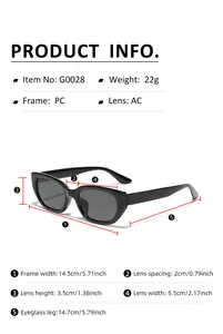 Detailed size chart for retro narrow rectangular sunglasses with precise frame dimensions