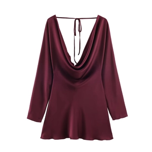 Elegant wine red satin long sleeve dress with a sexy backless cowl neck design