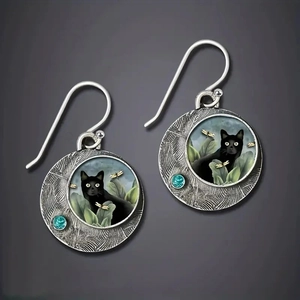 Retro Black Cat Dangle Earrings Antique Silver Alloy Round Glass Cabochon With Blue Rhinestone Bohemian Style For Women