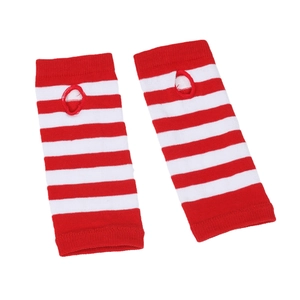 Detail view of red and white striped knit arm warmers with thumb hole for kids