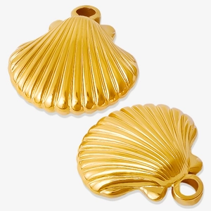 Detail view of two golden shell-shaped 304 stainless steel pendants for DIY jewelry