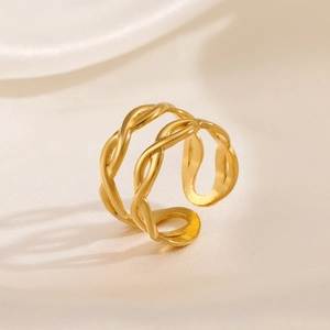 Bague Croisée Double Couche Acier Inoxydable Plaqué Or Ajustable Anneau Ouvert Bijoux De Mode Pour Femmes