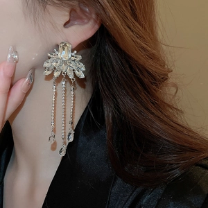 Elegant crystal flower tassel earrings with silver needle base for a luxury feminine look