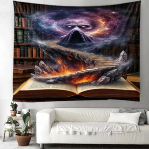 Detail of Halloween tapestry with mystical book and fantasy stairway over a white sofa
