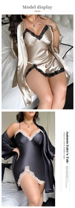 Lace-trimmed ice silk satin robe and slip nightgown set in champagne and black