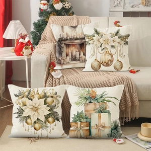 Detailed texture of four Christmas linen pillow covers with winter holiday patterns