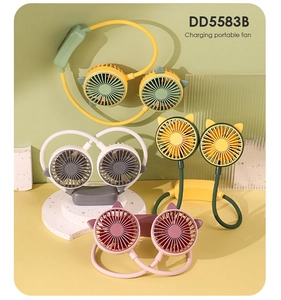 Detailed view of portable neck fans in yellow, white, pink and dark green colors