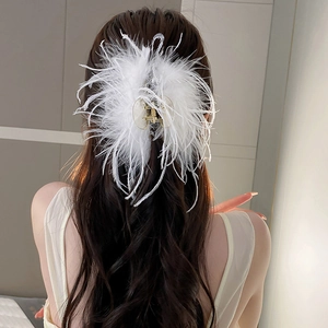 Detail showing white ostrich feather hair claw clip on model for elegant hairstyle
