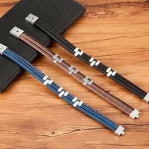 Men's multilayer braided leather bracelets in black, brown and blue with metal clasps