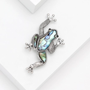 Elegant silver frog brooch with colorful abalone shell inlay and black gemstone eyes