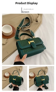 Detail of dark green woven crossbody bag with gold buckle and canvas strap