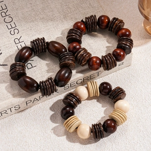 Retro wooden bead bracelet set with coconut shells and geometric oval charms for women