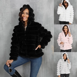 Women Faux Fur Jacket Hooded Plush Warm Outerwear Fashion Winter Coat Zipper Casual Chic Ribbed Texture