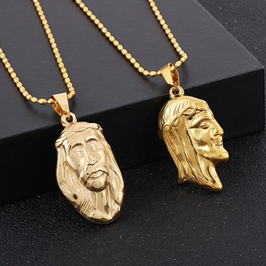18K gold plated stainless steel Jesus pendant necklace with ball chain for men