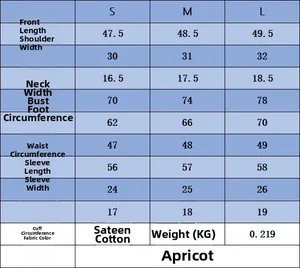 Detailed size chart for women's knit top showing S, M, L measurements in centimeters
