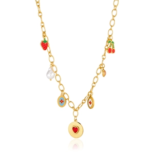 Gold necklace featuring fruit charms, pearls and heart pendant on white background