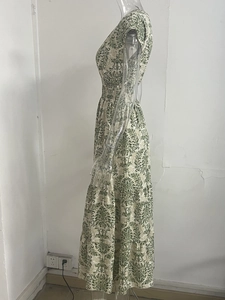 Detail of retro damask print dress featuring V-neckline and elegant ruffled short sleeves