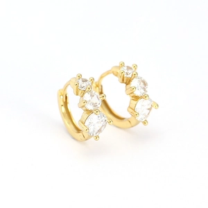 Elegant 925 sterling silver gold hoop earrings with three sparkling round cubic zirconia