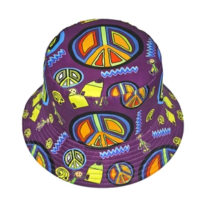 Purple bucket hat with peace signs and graffiti patterns for outdoor sun protection