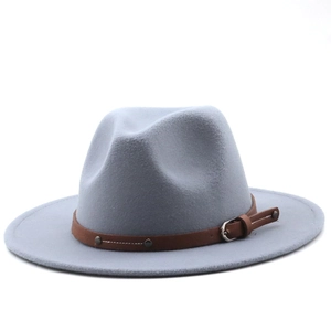 Classic light blue fedora hat in wool felt with brown leather band and silver buckle