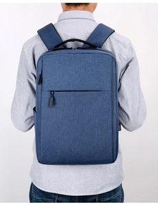 Rear view of a minimalist blue business laptop backpack with USB port on model